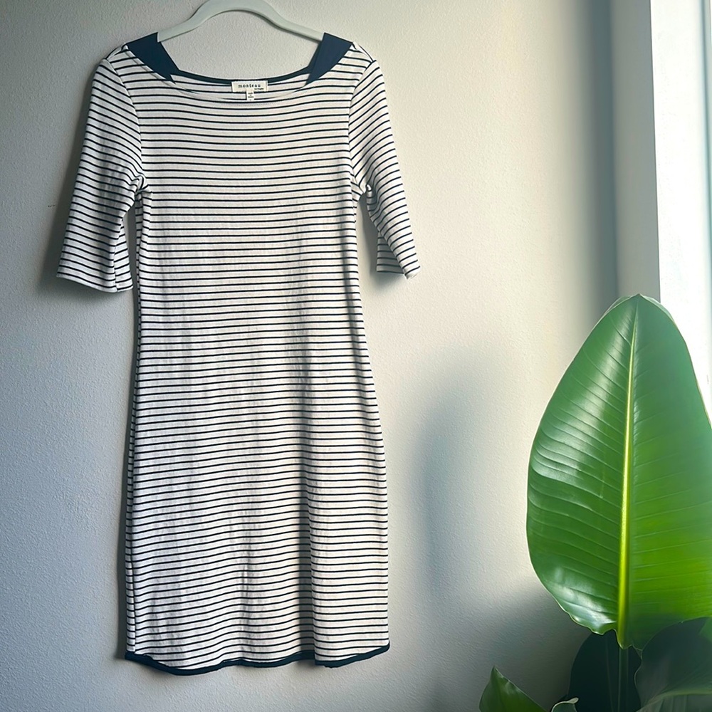 Monteau breton stripe shift dress navy cream boat neck